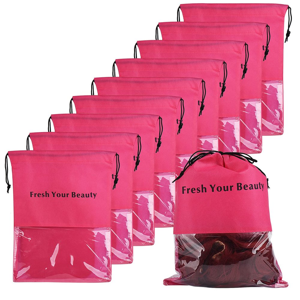 10 Pieces Wig Bags Hair Extension Storage Holder with Drawstring Hairpieces Ponytail Carrier Case Portable Dust Covers Large Size for Bundles, Wigs Tool, Gift and Travel (Large,Rose red)