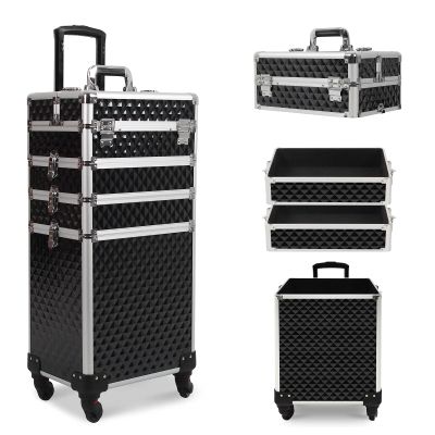 4 in 1 Makeup Case Aluminum Cosmetic Case Rolling Train Case Professional Makeup Train Case Large Capacity Trolley Makeup Travel Case Beauty Storage with Folding Trays and Large Compartments