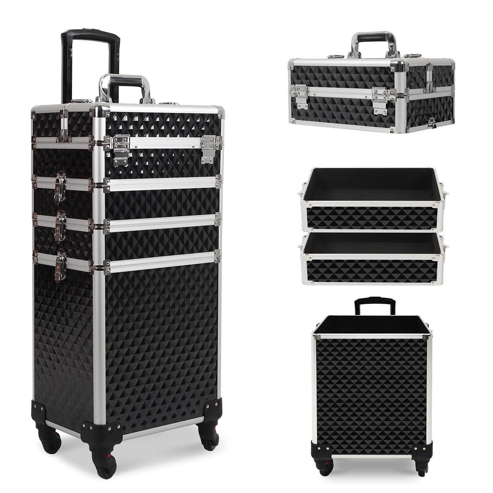 4 in 1 Makeup Case Aluminum Cosmetic Case Rolling Train Case Professional Makeup Train Case Large Capacity Trolley Makeup Travel Case Beauty Storage with Folding Trays and Large Compartments