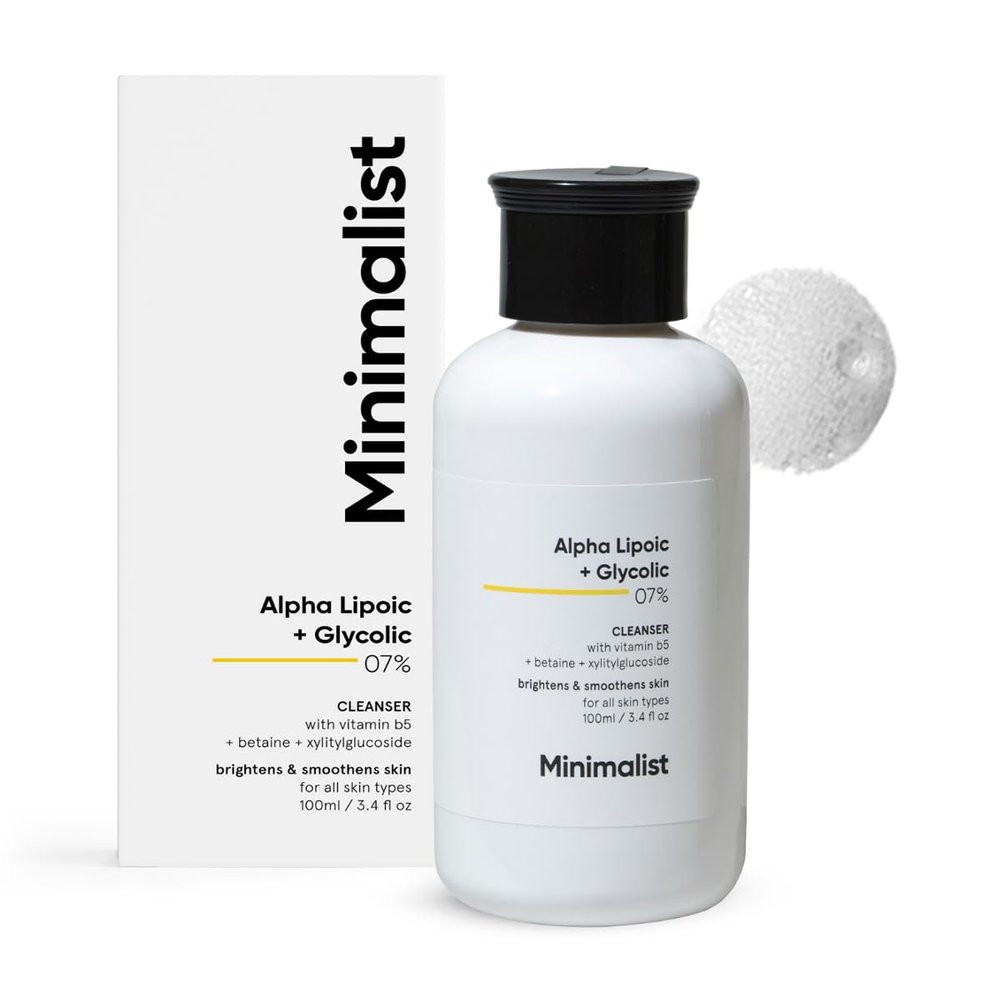 Minimalist 7% ALA & AHA Face Wash for Brightening, Exfoliating, Glow & Even Tone | With Vitamin B5 For Hydration & Glycolic Acid For Exfoliation | 3.4 Fl Oz / 100 ml