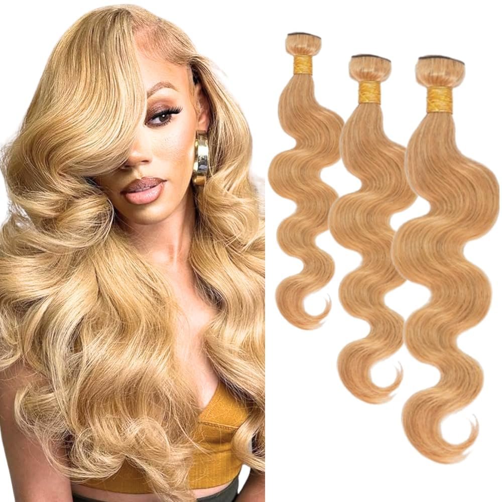#27 Honey Blonde Human Hair Bundle Body Wave 15A Grade, 100% Unprocessed Brazilian Virgin Human Hair, Soft Double Weft Hair Extensions for Black Women, No Shedding 27 16,18,20inch