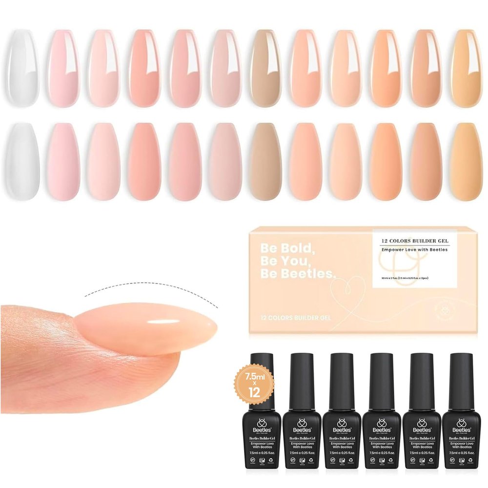 Beetles Builder Gel for Nails - 12 Color Kit, Clear, Nude, Pink, Brown - Strengthens Thin & Damaged Nails
