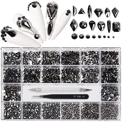 Yzzseven 12 Types of Mine Black 600 Diamonds + 2500 Flat Rhinestones Mix 20 Styles Flatback DIY Crafts Rhinestone Crystals 3D Decorations Flat Back Stones Set +Tweezers + Drill Pen