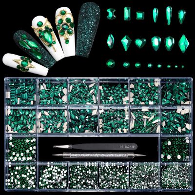 Yzzseven 12 Types of Green 600 Diamonds + 2500 Flat Rhinestones Mix 20 Styles Flatback DIY Crafts Rhinestone Crystals 3D Decorations Flat Back Stones Set +Tweezers + Drill Pen