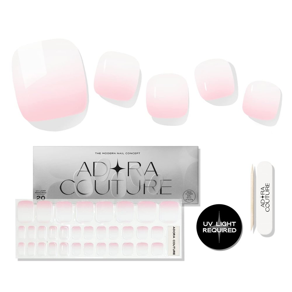 Adora Couture Semi Cured Gel Nail Strips - 32 pcs Gel Pedicure Stickers, Easy to Apply & Remove Toenail Stickers, Salon Quality at Home & Long Lasting - UV Nail Lamp Required - Pink White P