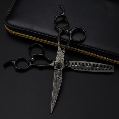 Hair Cutting Scissors, 6 inch Upscale Black Damascus hair scissors haircut thinning barber tools cutting shears Hairdressing scissors (Color : Set with bag)