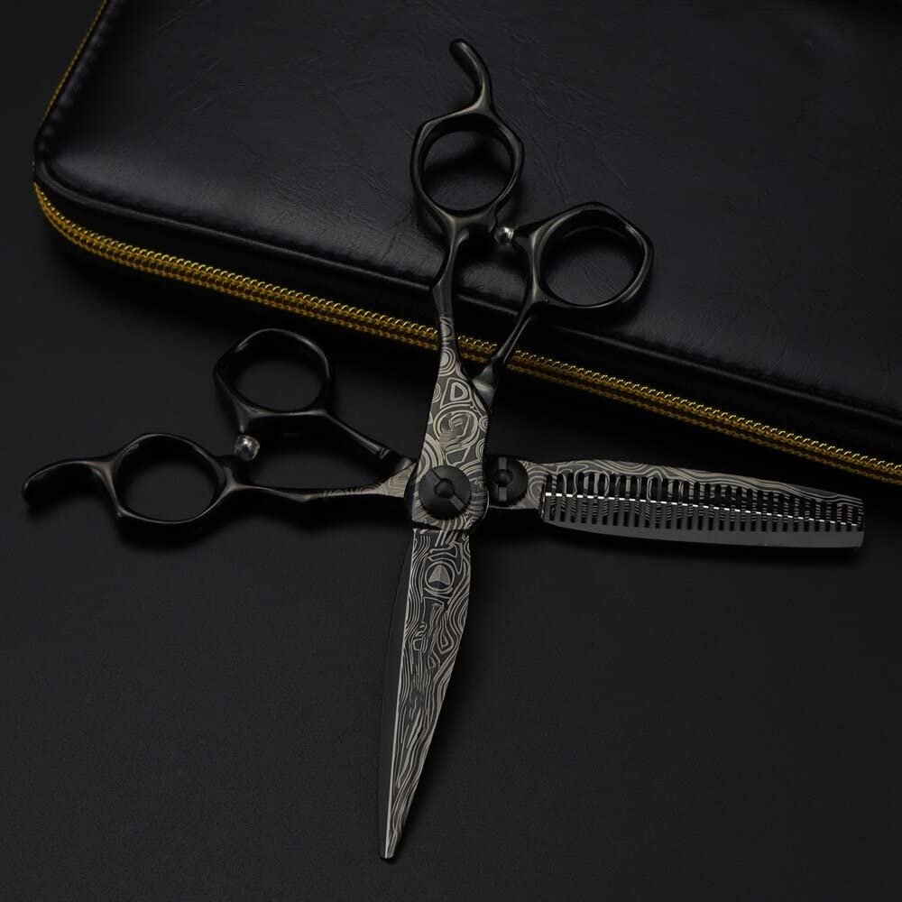 Hair Cutting Scissors, 6 inch Upscale Black Damascus hair scissors haircut thinning barber tools cutting shears Hairdressing scissors (Color : Set with bag)
