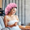 4 Pieces Jumbo Shower Cap Extra Large Double Layer Waterproof Shower Cap for Dreadlocks Satin Lining Reusable XL Bonnet for Women Men Thick Long Big Hair Locs Braids, 4 Colors view 3