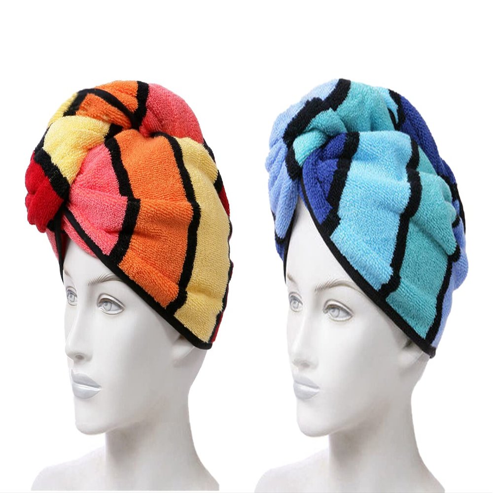 Anller 2 Pack 100% Cotton Hair Towel Wrap, Hair Drying Towel with Button for Women, Dry Hair Hat, Shower Head Towel (Orange & Blue)