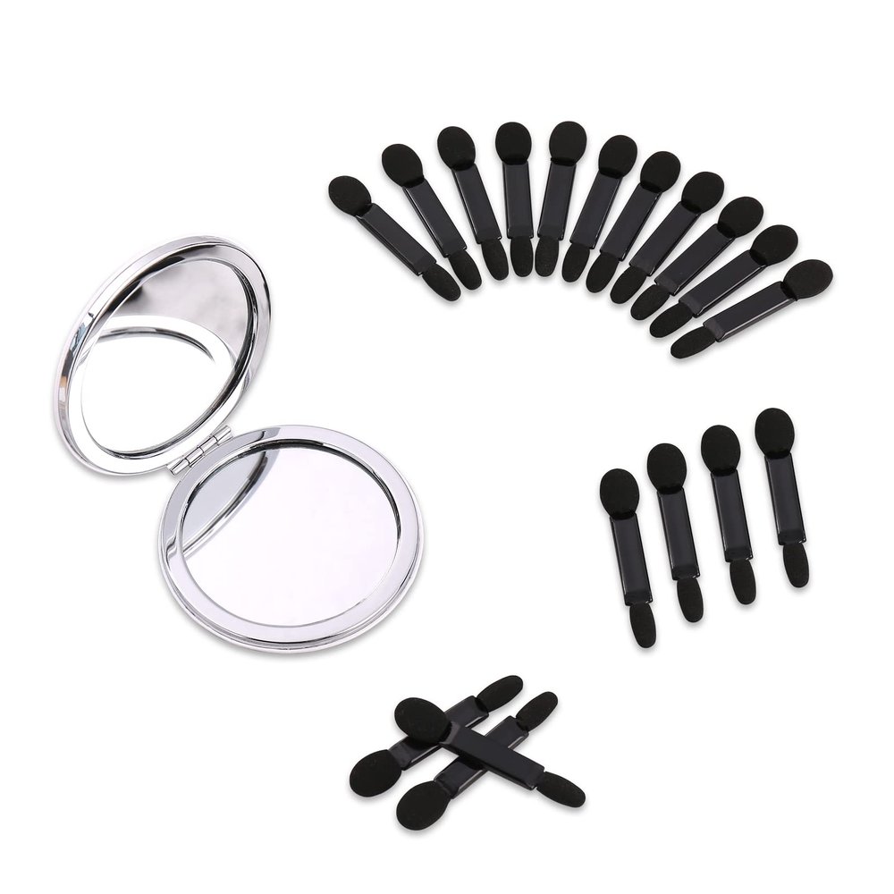 Deksias 2X Times Mirror in Pocket Magnify Round 2 Side Make up Compact Pu Folding Collapsible Mirrors with Extra 20PCS Eyeshadow Sponge Brush