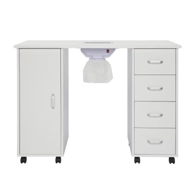 Double Edged Manicure Nail Table,Nail Table Station Desk with 4 Drawers,2 Storage Box,Spa Beauty Salon Nail Art Equipment (With Fan,White)