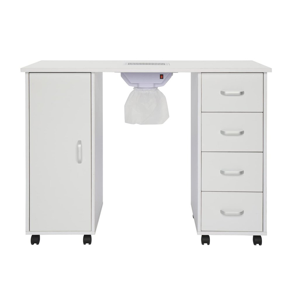 Double Edged Manicure Nail Table,Nail Table Station Desk with 4 Drawers,2 Storage Box,Spa Beauty Salon Nail Art Equipment (With Fan,White)