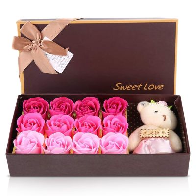 12 Rose Flower Soap Flower, Artificial Roses Rose Gift Sets for Women Plush Bear Valentine's Day Romantic Gift with Box(pink)