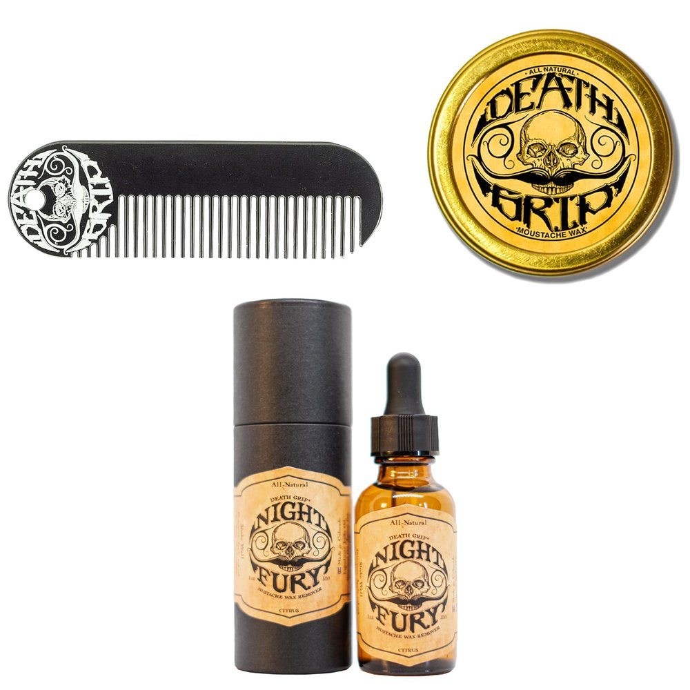 THE VINTAGE GROOMING CO. Death Grip Extra Strong Mustache Wax, Night Fury Mustache Wax Remover Oil, and Comb Set