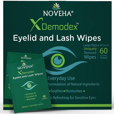 NOVEHA Demodex Eyelid & Lash Wipes | Box Of 60 Individually Wrapped Extra Strength Cleansing Eyelash Wipes - Battle Itchy & Irritated Eyes associated with Demodex Mites, Naturally Remove debris