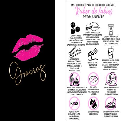 BRAWNA 50 Pck PMU Spanish Lip Blush Aftercare Thank You Cards - Instrucciones Para El Cuidado Despus Del Rubor De Labios Permanente - PMU Supplies - Microblading Kit - Black