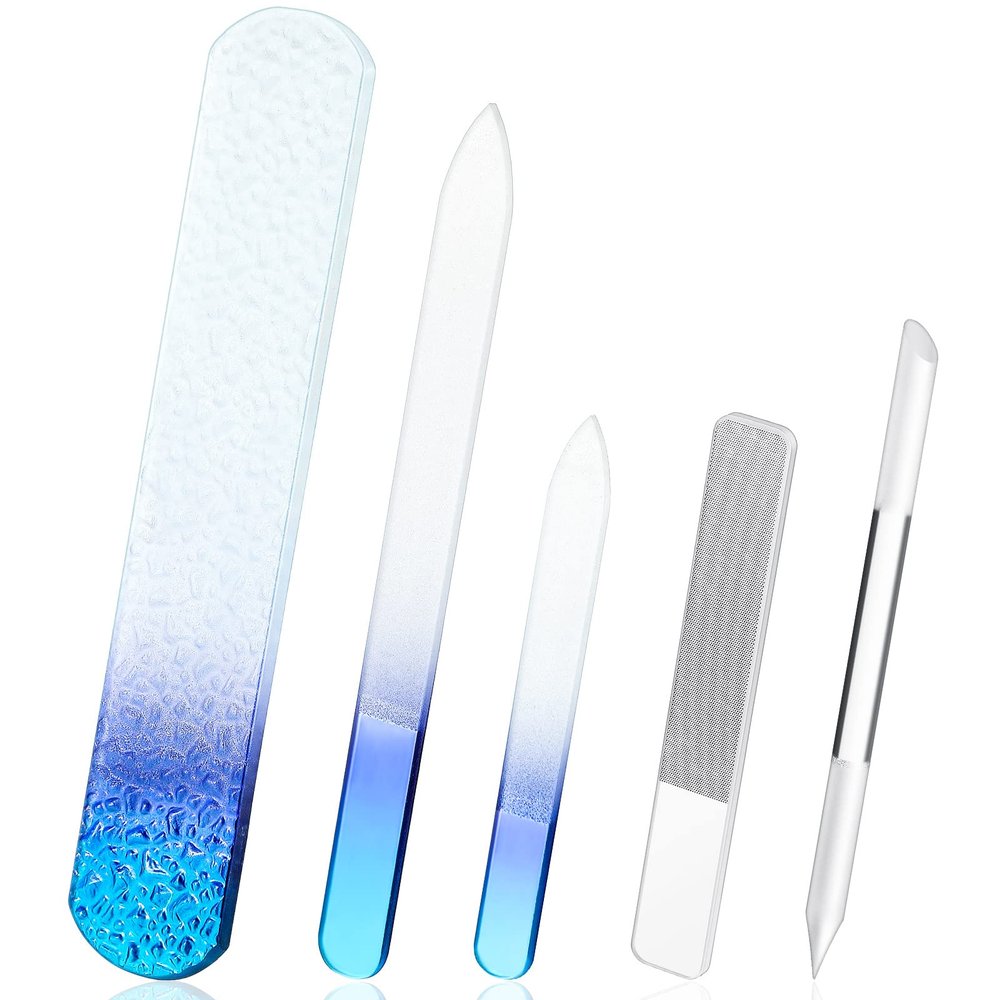 Lanties 5 Pcs Glass Nail File Set Callus Remover Foot Rasp Manicure Tool Include 2 Crystal Glass Nail and 1 Foot File 1 Cuticle Pusher One Nano Shiner Buffer Polisher for Beauty