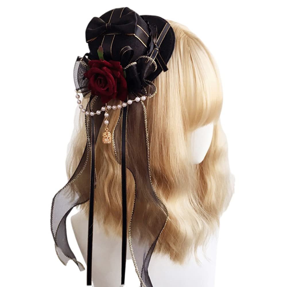 Lolita Headdress Prom Lolita Hair Accessories Dark Gothic Lace Bow Rose Hairpin Gift Hat Hairpin Anime Cosplay Accessories (Black)