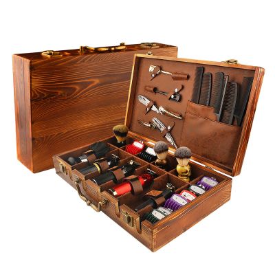 Beauty Professional Barber Case, Wooden Barber Carrying Case Stylist Tool Travel Carry Case Portable Barbers Tools Box Organizer Salon Barber Case for Clippers and Barber Supplies  Brown