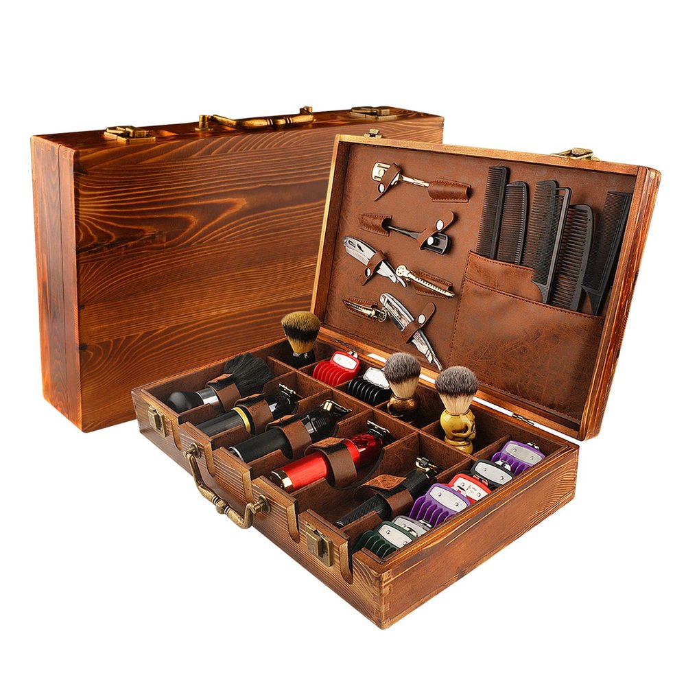 Beauty Professional Barber Case, Wooden Barber Carrying Case Stylist Tool Travel Carry Case Portable Barbers Tools Box Organizer Salon Barber Case for Clippers and Barber Supplies Brown