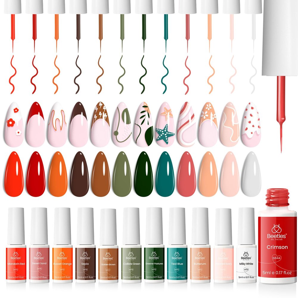 Beetles Gel Polish 12 Pcs Liner Nail Art Set White Nude Red Green Brown