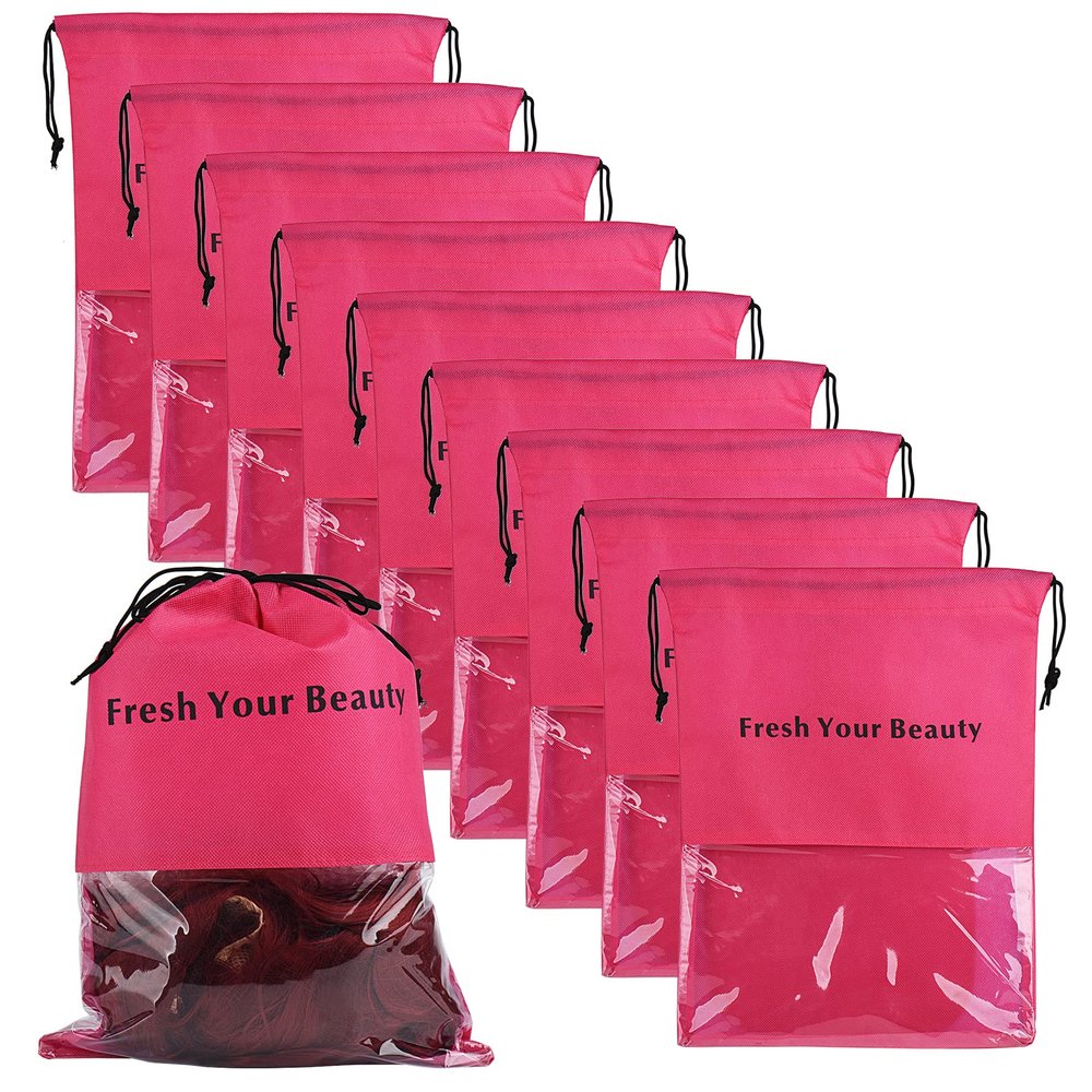 10 Packs Wig Storage Bags with Drawstring Hair Extensions Holder Hairpieces Carrier Organizer Dustproof Protector Pouch for Travel Daily Use (Small,Rose red)