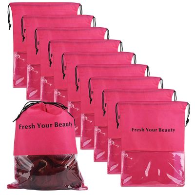 10 Packs Wig Storage Bags with Drawstring Hair Extensions Holder Hairpieces Carrier Organizer Dustproof Protector Pouch for Travel Daily Use (Large,Rose red)