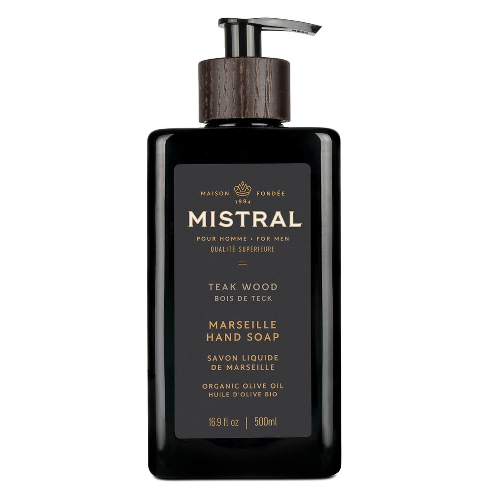 Mistral Teak Wood Liquid Hand Soap for Men | Luxury Moisturizing Handsoap with Organic Olive Oil, Glycerin and Coconut Oil | Rich Lather | Paraben-Free | Made in France  16.9 Fl Oz