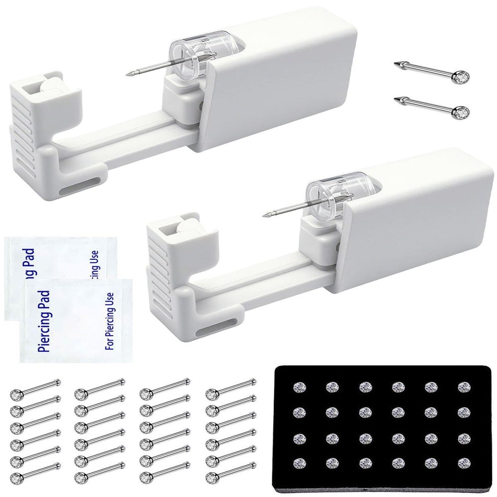 Nose Pierce Kit, Disposable Safe Piercing Kit, Nose Stud Pierce Gun with 24 Pcs Nose Studs (Silver)