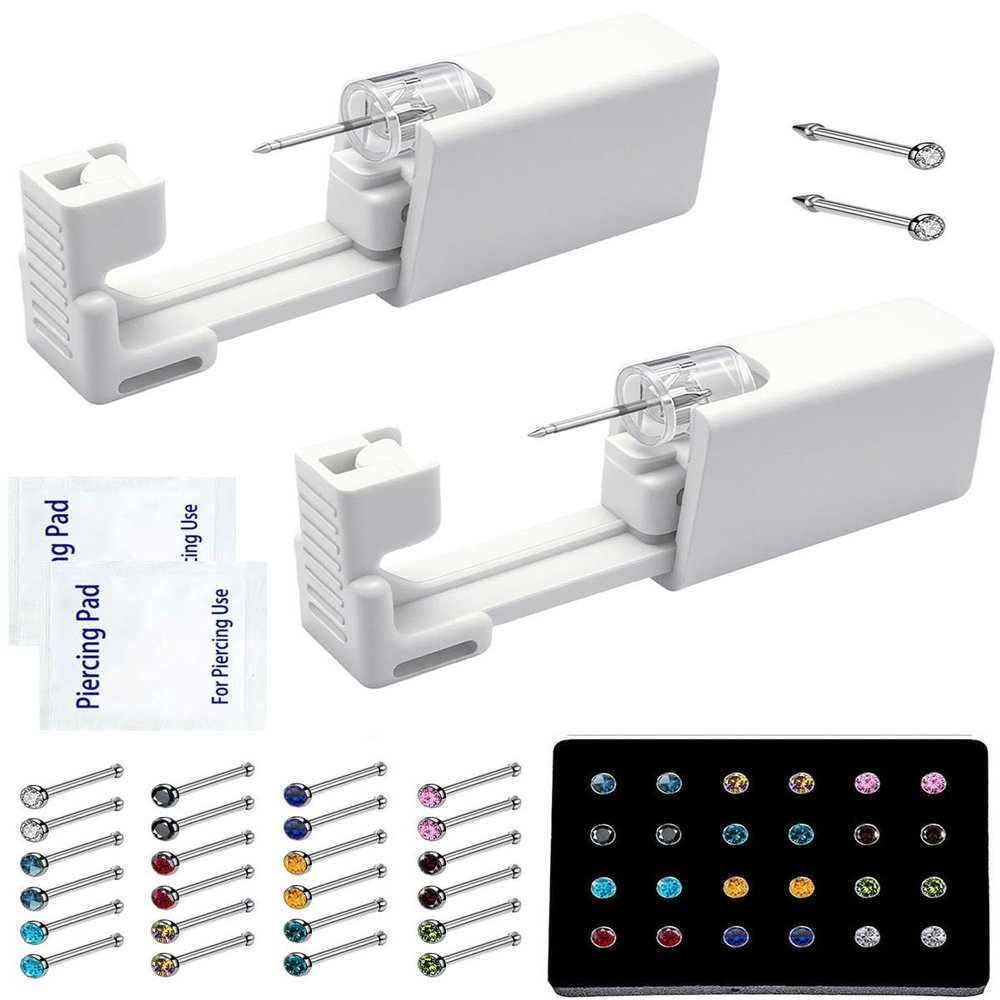 Nose Pierce Kit, Disposable Safe Piercing Kit, Nose Stud Pierce Gun with 24 Pcs Nose Studs (Multicolor)