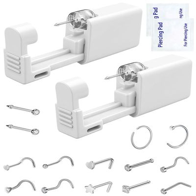 Nose Piercing Kit Disposable Nose Piercing Gun Kit with 2 Pcs Self Piercing Gun and Nose Stud (White-12 Pcs Nose Stud)