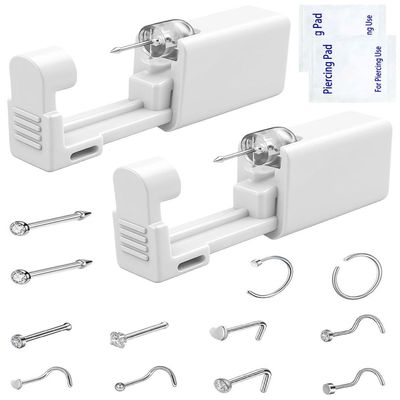 Nose Piercing Kit Disposable Nose Piercing Gun Kit with 2 Pcs Self Piercing Gun and Nose Stud (White-10 Pcs Nose Stud)