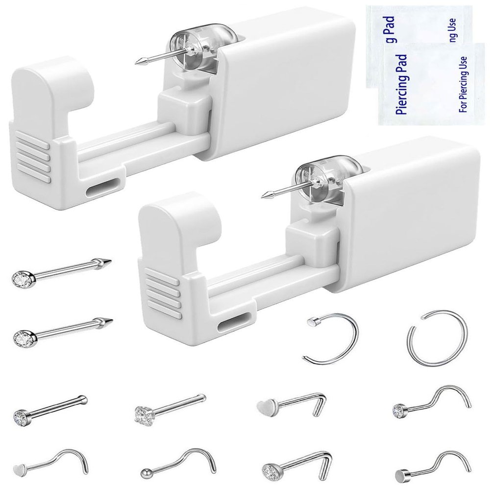 Nose Piercing Kit Disposable Nose Piercing Gun Kit with 2 Pcs Self Piercing Gun and Nose Stud (White-10 Pcs Nose Stud)