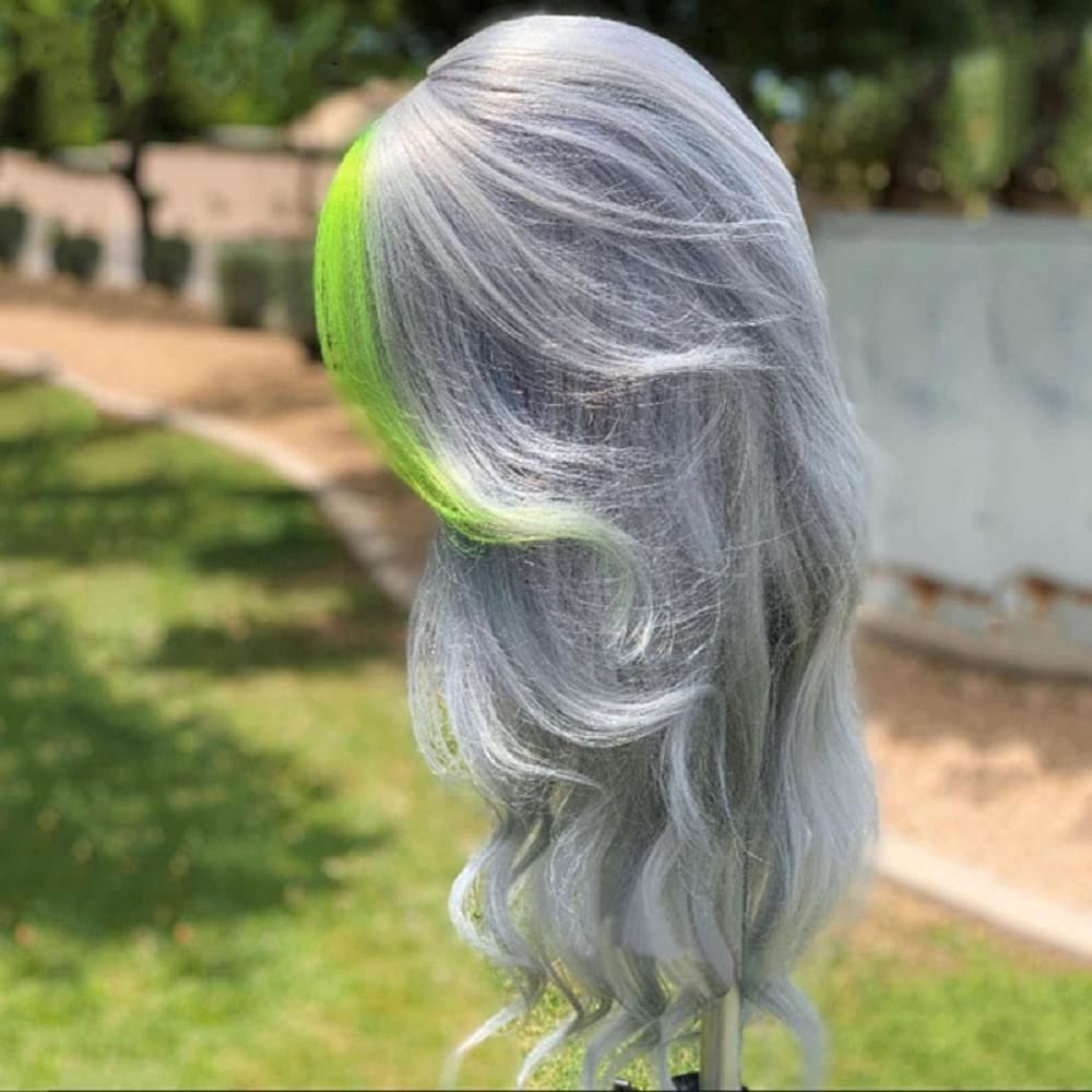 13x4 Lace Front Human Hair Wig Body Wave Grey with Green Highlight Skunk Stripe Wig Human Hair Lace Front Color, Brazilian Remy Hair Lace Frontal Wig Pre Plucked with Baby Hair for Women 150% Density (10inch, 13x4)