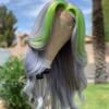 13x4 Lace Front Human Hair Wig Body Wave Grey with Green Highlight Skunk Stripe Wig Human Hair Lace Front Color, Brazilian Remy Hair Lace Frontal Wig Pre Plucked with Baby Hair for Women 150% Density (10inch, 13x4) view 3