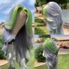 13x4 Lace Front Human Hair Wig Body Wave Grey with Green Highlight Skunk Stripe Wig Human Hair Lace Front Color, Brazilian Remy Hair Lace Frontal Wig Pre Plucked with Baby Hair for Women 150% Density (10inch, 13x4) view 4