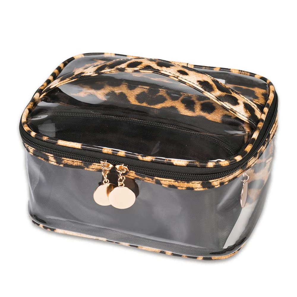 ZOERCHQII 3Pcs in1 Leopard Print Makeup Bag Set Travel Portable Cosmetic Bag - Clear & Leopard Print Pouch Waterproof Organizer Multifunction Case (Light- Leopard)