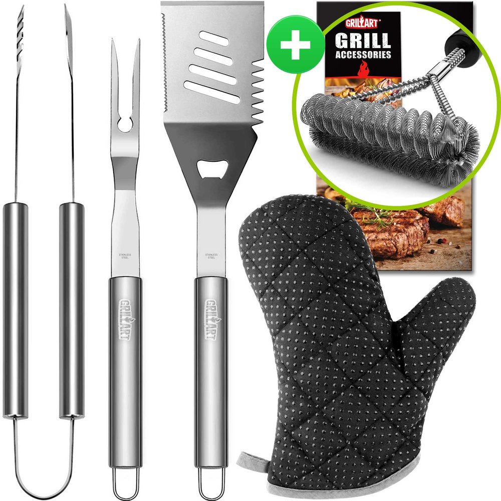 GRILLART 3PCS Daily Use BBQ Tools Set Bundle with Safe & Fast Clean Double Side Brush