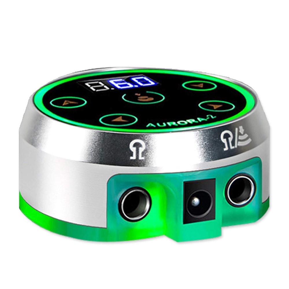 Tattoo Pen Power Supply Mini AURORA LCD Power Supply Green Colorful Voltage with Adapter for Coil And Rotary Tattoo Gun Machine,Silver 2