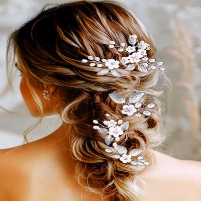 Yean Flower Bride Wedding Hair Pins Silver Leaf Bridal Hair Pieces Pearl Hair Accessories for Women and Girls (Pack of 5)