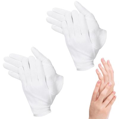 2 Pairs Moisturizing Gloves Over Night Bedtime White Cotton | Cosmetic Inspection Premium Cloth Quality | Eczema Dry Sensitive Irritated Skin Spa Therapy Secure Wristband| One Size Fits Most