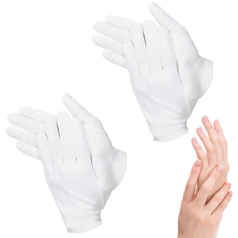 2 Pairs Moisturizing Gloves Over Night Bedtime White Cotton | Cosmetic Inspection Premium Cloth Quality | Eczema Dry Sensitive Irritated Skin Spa Therapy Secure Wristband| One Size Fits Most
