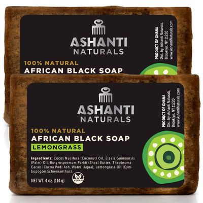 Ashanti Naturals African Black Soap Bar | Scented Natural Black Soap with Raw Shea Butter and Coconut Oil - 2pk 4oz Bars (Lemongrass)