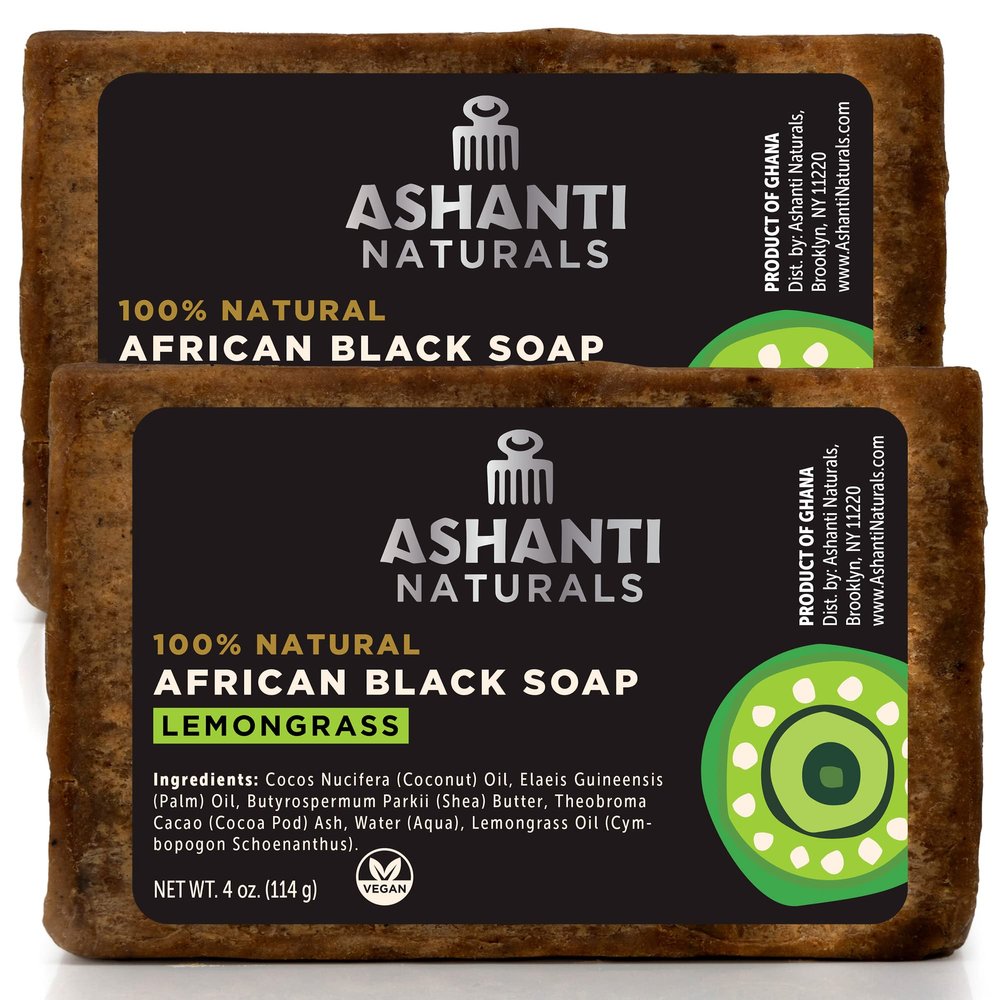 Ashanti Naturals African Black Soap Bar | Scented Natural Black Soap with Raw Shea Butter and Coconut Oil - 2pk 4oz Bars (Lemongrass)