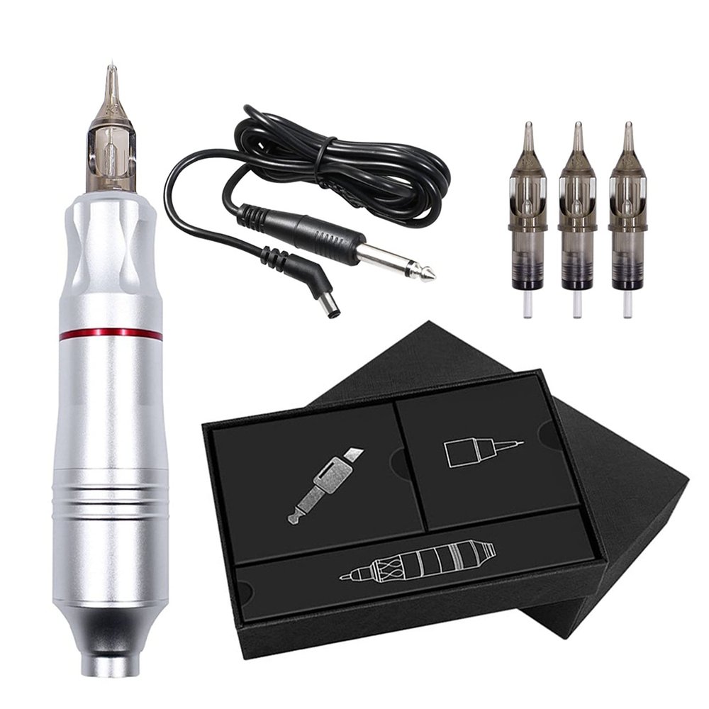 Rotary Pen Tattoo Machine Quiet Motor Tattoo Gun With Cartridge Needles Eyebrow Permanent Makeup Machine for Tattoo,Silver