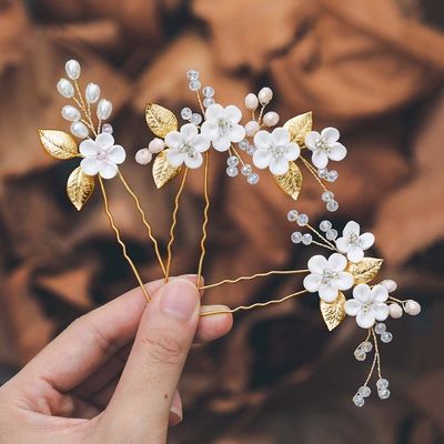 Casdre Flower Bridal Hair Pins Pearl Bride Wedding Hair Accessories Rhinestone Hair Piece for Women and Girls(Pack of 3) (B Gold)