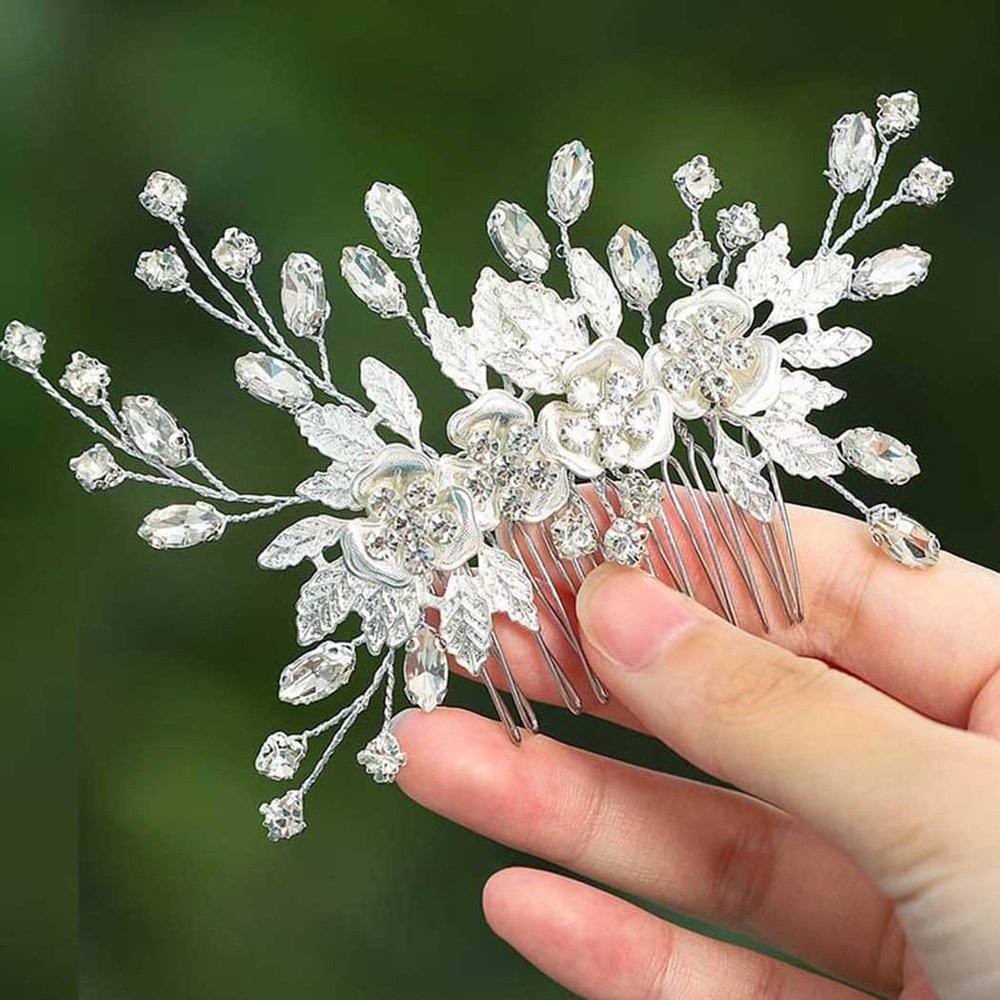 JONKY Bride Flower Wedding Hair Comb Silver Crystal Hair Piece Bridal Leaf Hair Accessories for Women