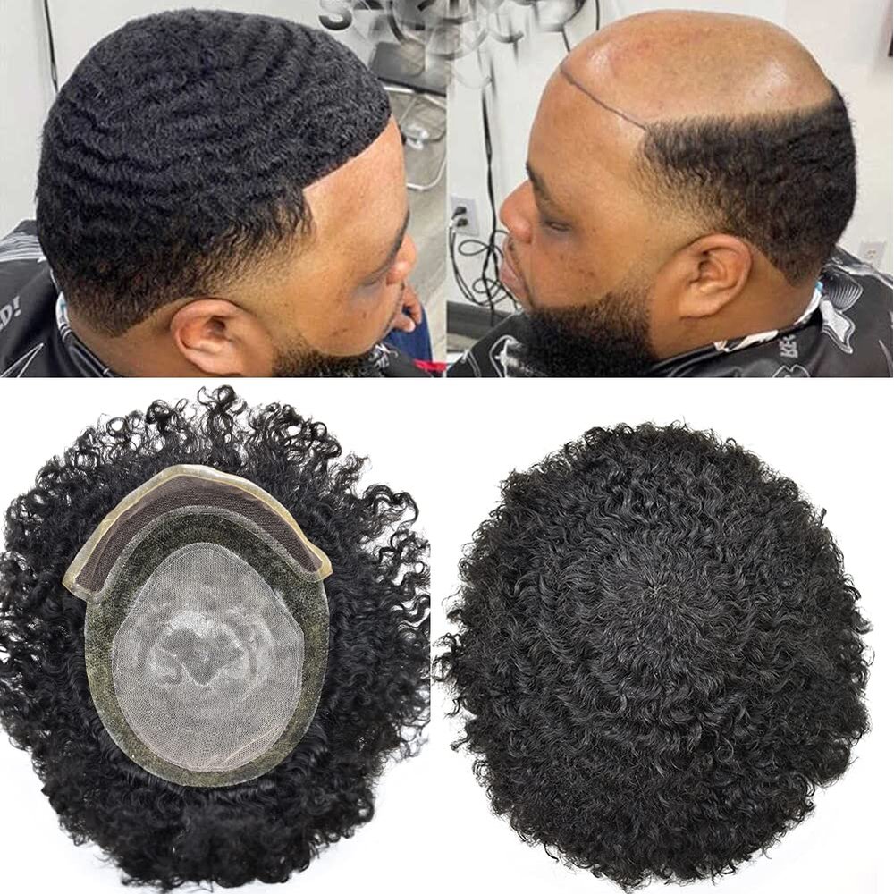 Afro Mens Toupee French Lace Front Hairpiece 8X10" Injected PU Skin with Breathable Holes African American Kinky Curly Human Hair Replacement Systems Wigs for Men Undetectable Afro Man Wave Toupee (10MM Afro Wave, 1# Jet Black)
