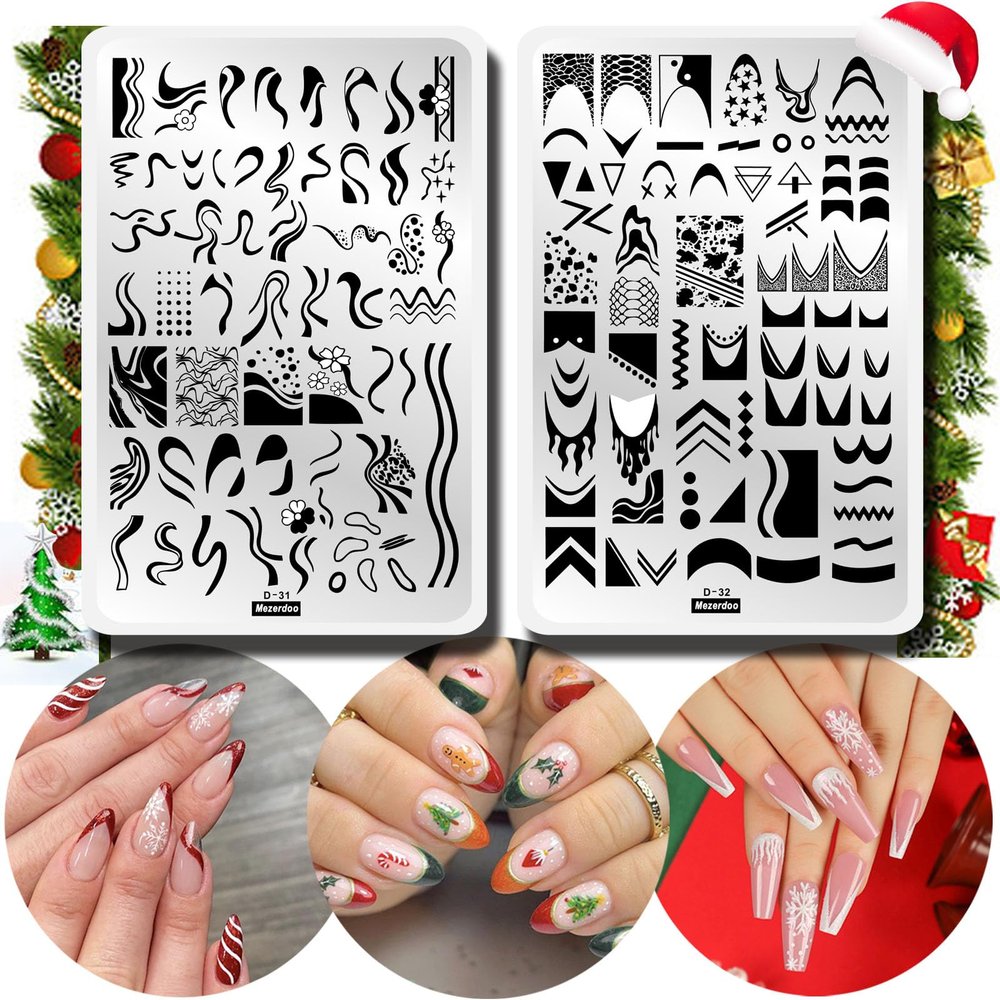 Swirl French Line Nail Stamping Plates French Tip Nail Stamp Plate Geometric Wave Stripes Snake Flower Nail Art Stamper Stencils Printing Template 2pcs Large Stainless Steel Nail Art Tools 14.59.5cm
