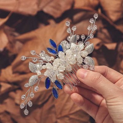 Jeairts Flower Wedding Hair Comb Bridal Blue Rhinestone Hair Pieces Floral Crystal Hair Accessories for Women